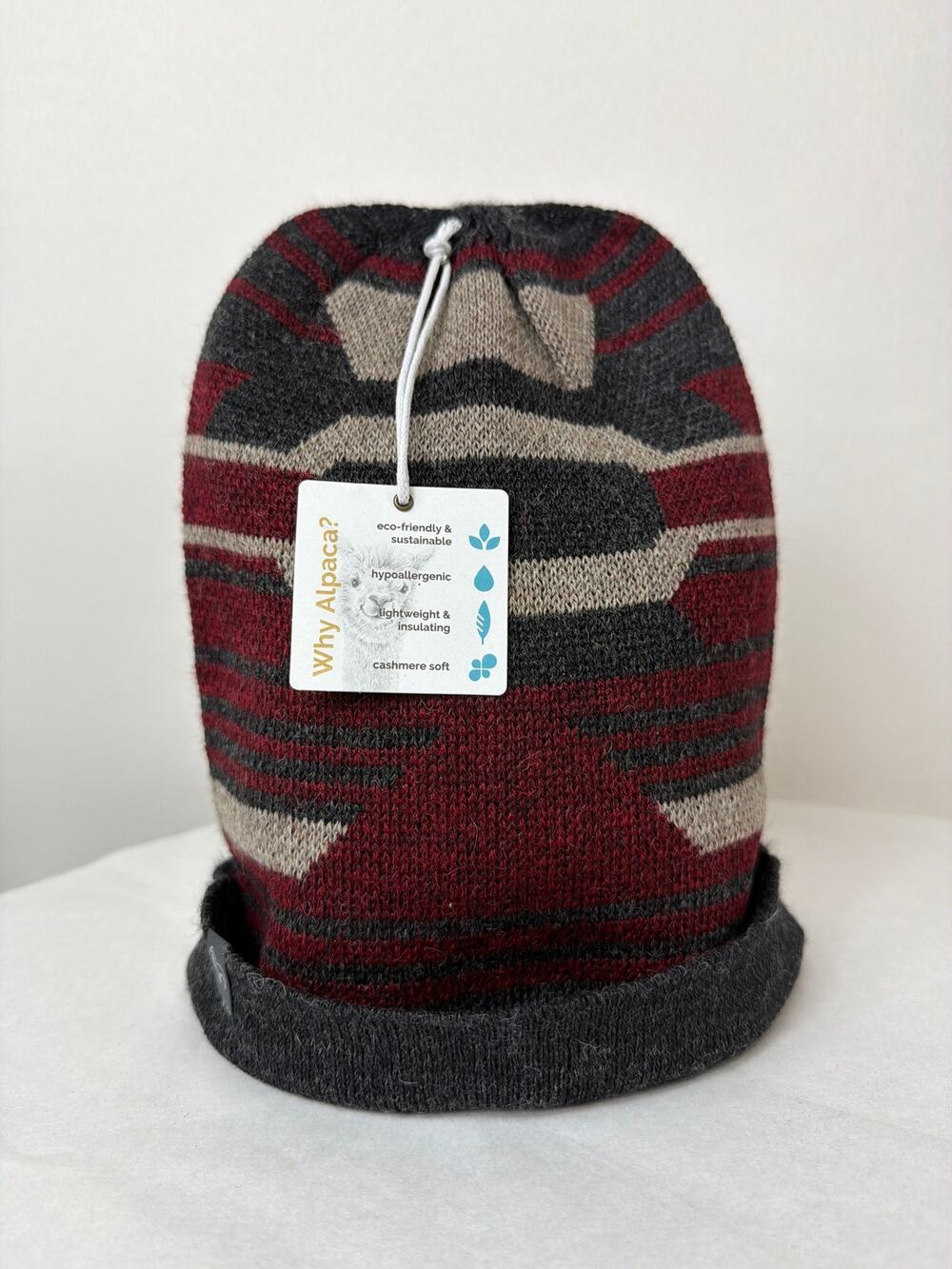 NWT Shupaca 100% Baby Alpaca Incan BLACK & RED Knit Beanie Hat Handmade PERU